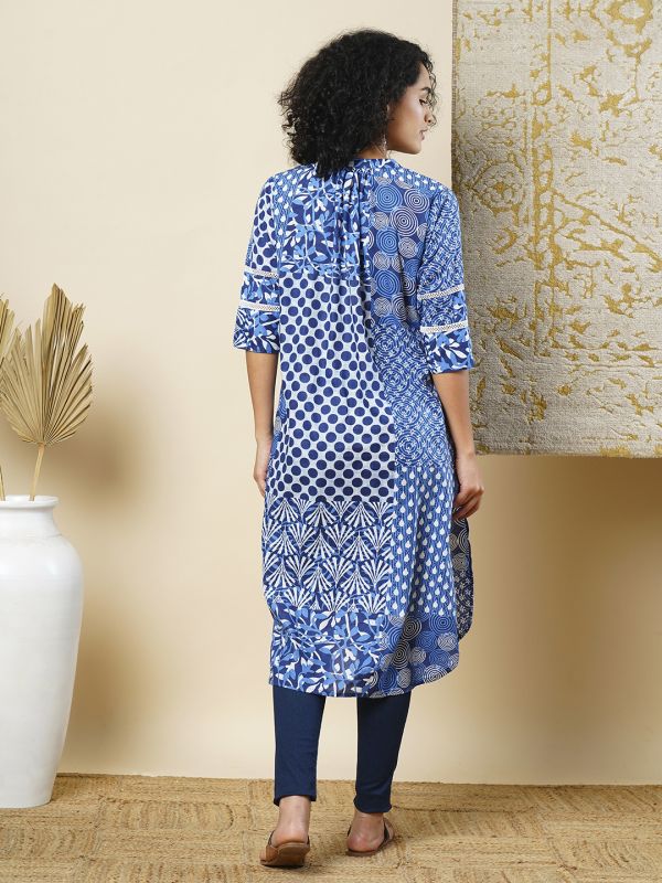 Globus Women Blue Ethnic Motif Patch Print Mandarin Collar Curved Hem Straight Workwear Kurta