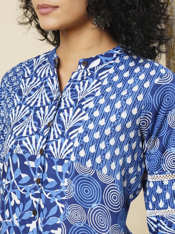 Globus Women Blue Ethnic Motif Patch Print Mandarin Collar Curved Hem Straight Workwear Kurta