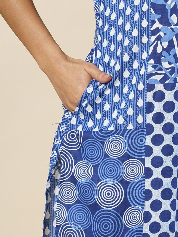 Globus Women Blue Ethnic Motif Patch Print Mandarin Collar Curved Hem Straight Workwear Kurta