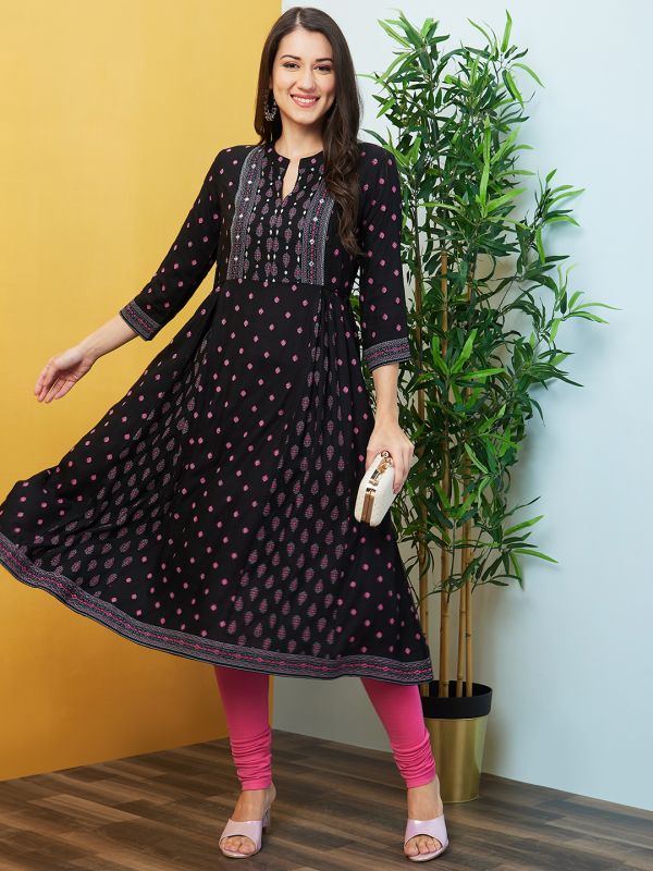 Globus Women Black Mandarin Collar Round Neck Printed A-Line Kurta