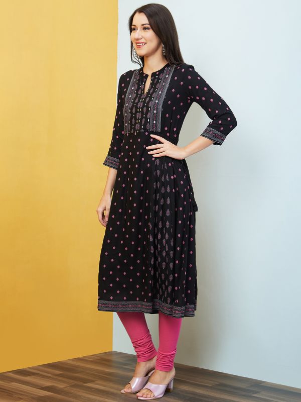 Globus Women Black Mandarin Collar Round Neck Printed A-Line Kurta