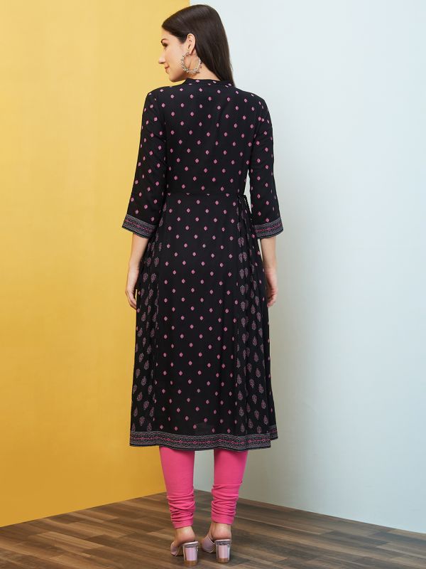 Globus Women Black Mandarin Collar Round Neck Printed A-Line Kurta