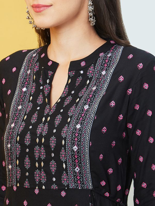 Globus Women Black Mandarin Collar Round Neck Printed A-Line Kurta