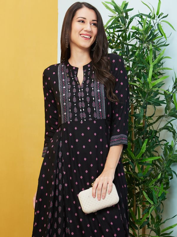 Globus Women Black Mandarin Collar Round Neck Printed A-Line Kurta