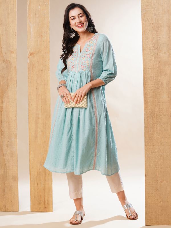 Globus Women Blue Floral Embroidered Yoke Gathered Panelled A-Line Workwear Kurta