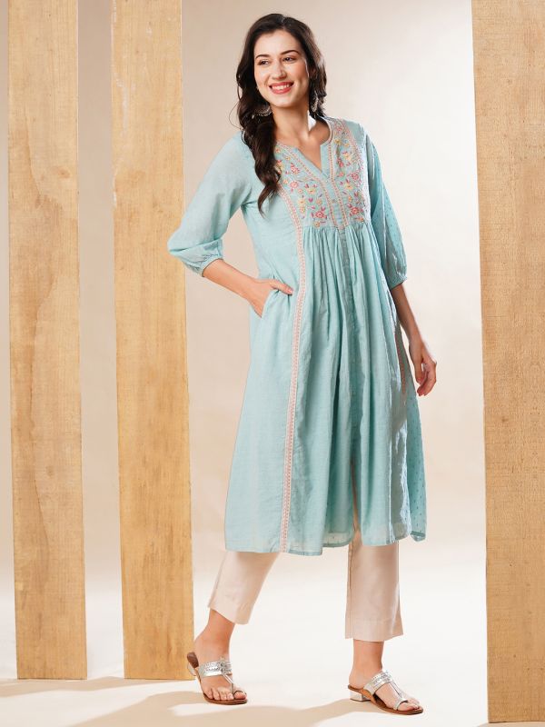 Globus Women Blue Floral Embroidered Yoke Gathered Panelled A-Line Workwear Kurta