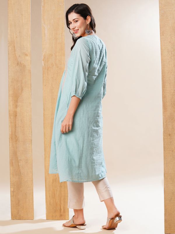 Globus Women Blue Floral Embroidered Yoke Gathered Panelled A-Line Workwear Kurta
