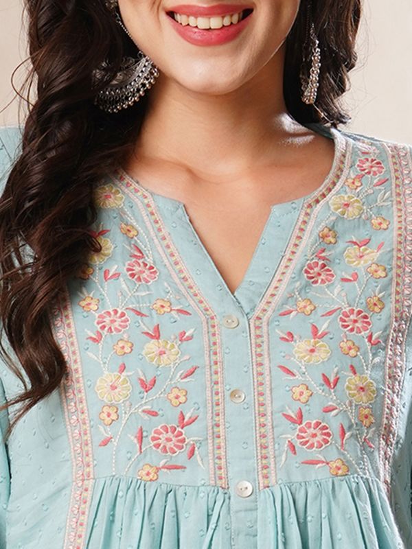 Globus Women Blue Floral Embroidered Yoke Gathered Panelled A-Line Workwear Kurta
