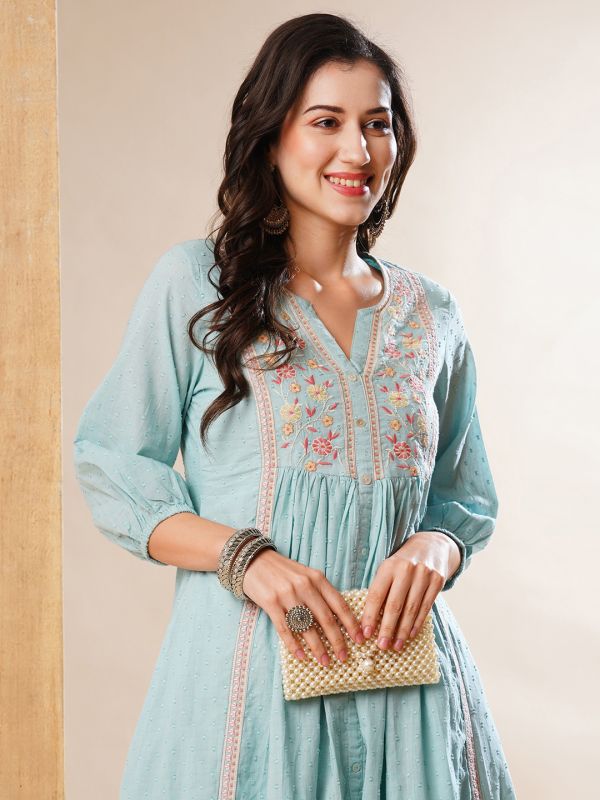 Globus Women Blue Floral Embroidered Yoke Gathered Panelled A-Line Workwear Kurta