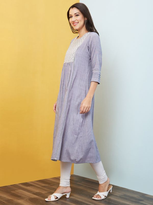 Globus Women Grey Woven Design Round Neck Embroidered Yoke A-Line Panelled Kurta