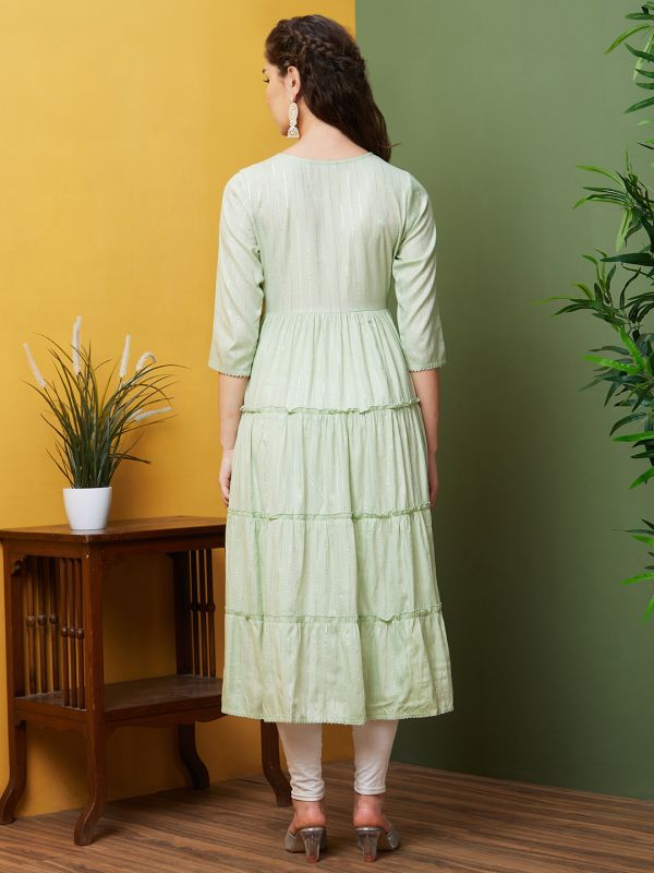Globus Women Green Embroidered Cotton Daily Wear Round Neck Anarkali Flared Kurta