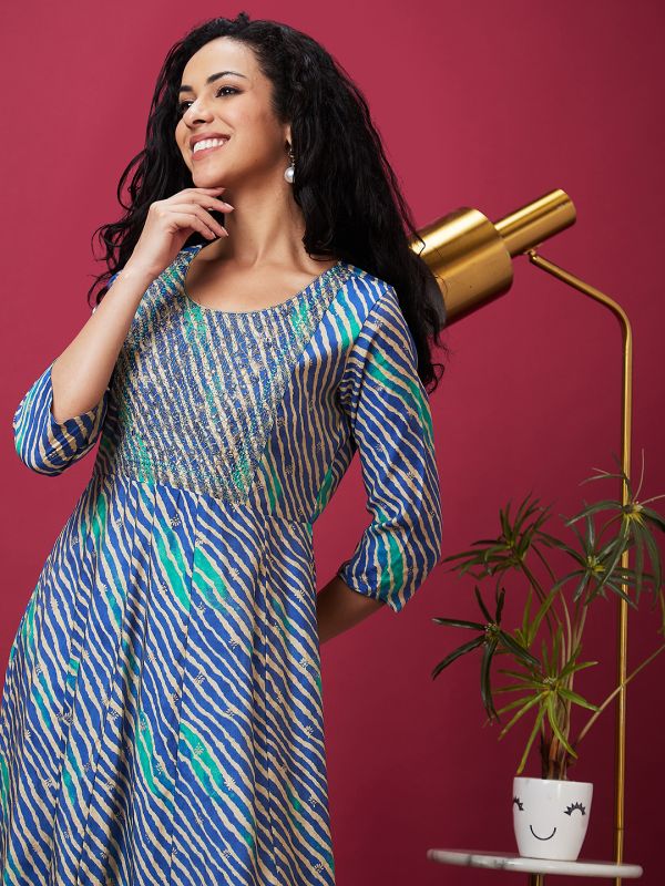 Globus Women Blue Leheriya Print A-Line Flared Panelled Casual Kurta with Embroidered Yoke
