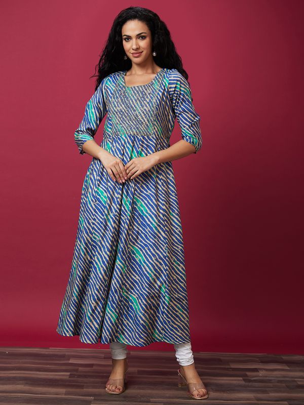 Globus Women Blue Leheriya Print A-Line Flared Panelled Casual Kurta with Embroidered Yoke