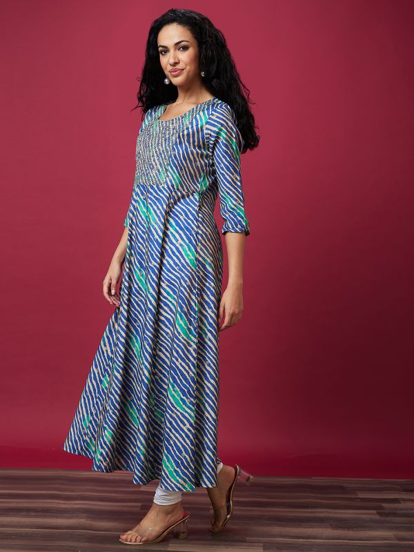 Globus Women Blue Leheriya Print A-Line Flared Panelled Casual Kurta with Embroidered Yoke