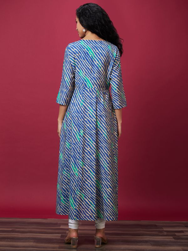 Globus Women Blue Leheriya Print A-Line Flared Panelled Casual Kurta with Embroidered Yoke