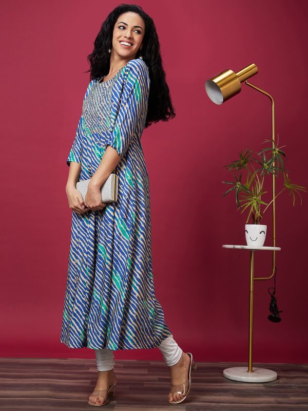 Globus Women Blue Leheriya Print A-Line Flared Panelled Casual Kurta with Embroidered Yoke