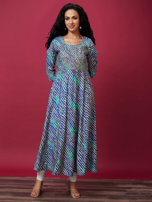 Globus Women Blue Leheriya Print A-Line Flared Panelled Casual Kurta with Embroidered Yoke
