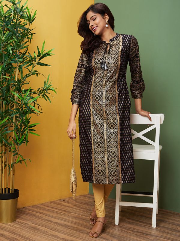 Globus Women Black Printed Tie-Up Neck Regular Kurta