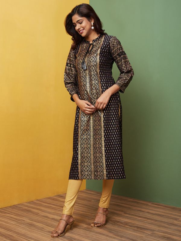 Globus Women Black Printed Tie-Up Neck Regular Kurta