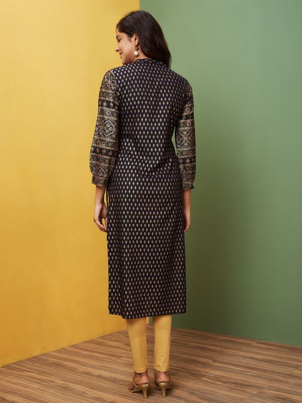 Globus Women Black Printed Tie-Up Neck Regular Kurta