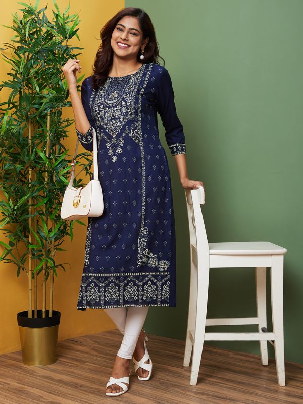 Globus Women Blue Printed Round Neck Regular Kurta