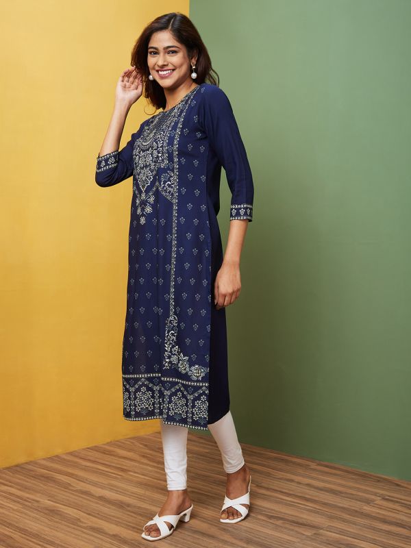 Globus Women Blue Printed Round Neck Regular Kurta