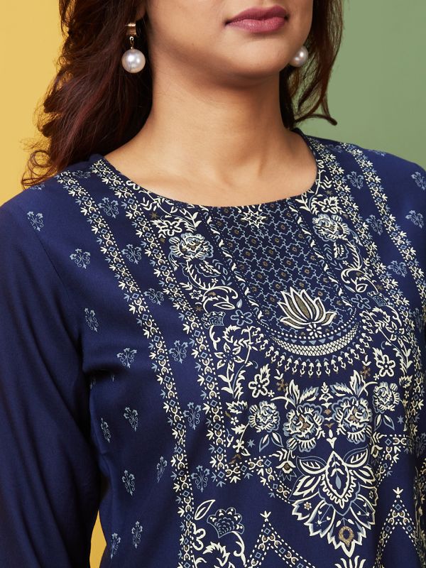 Globus Women Blue Printed Round Neck Regular Kurta