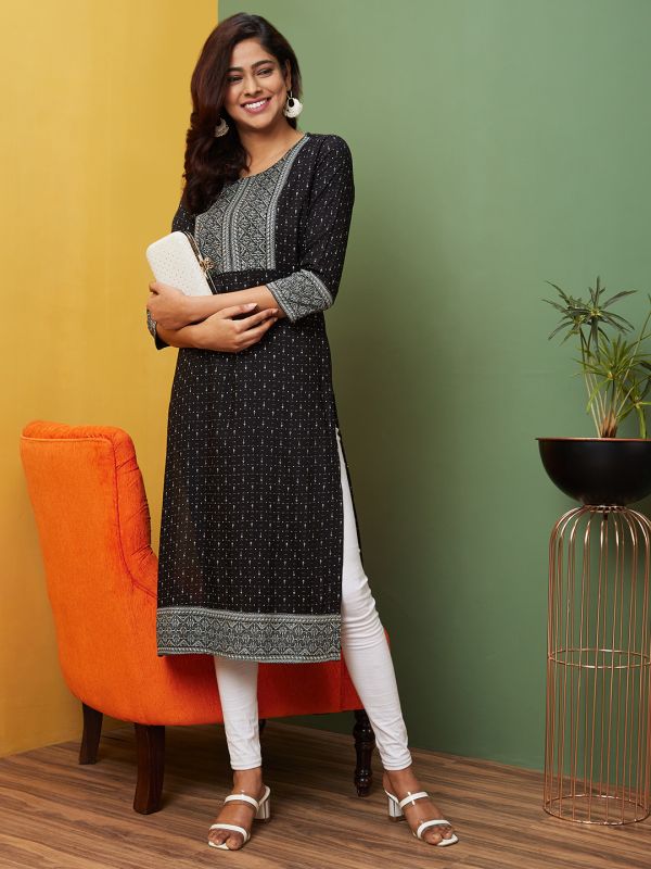 Globus Women Black Printed Round Neck Regular Kurta