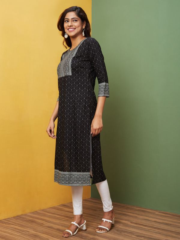 Globus Women Black Printed Round Neck Regular Kurta