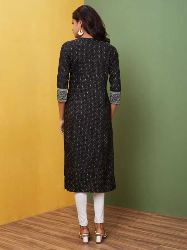 Globus Women Black Printed Round Neck Regular Kurta