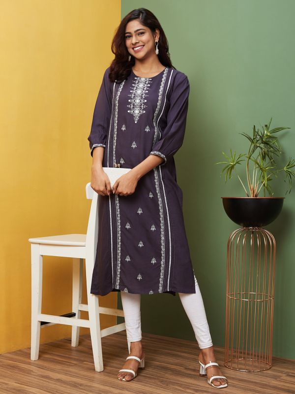 Globus Women Grey Embroidered Round Neck Regular Kurta