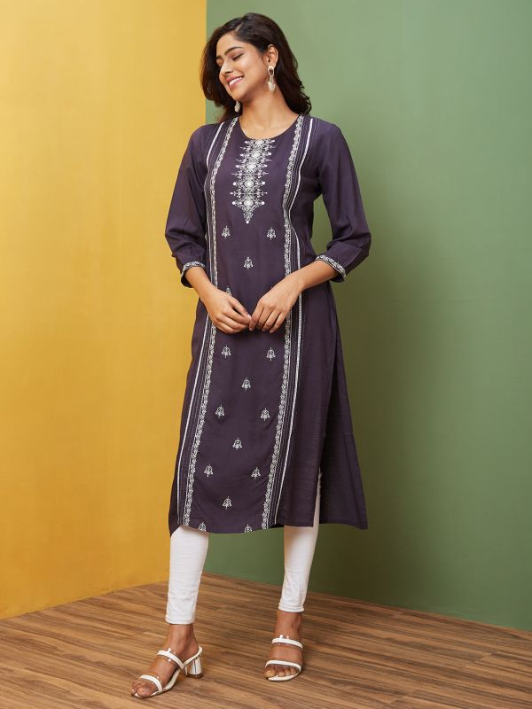 Globus Women Grey Embroidered Round Neck Regular Kurta