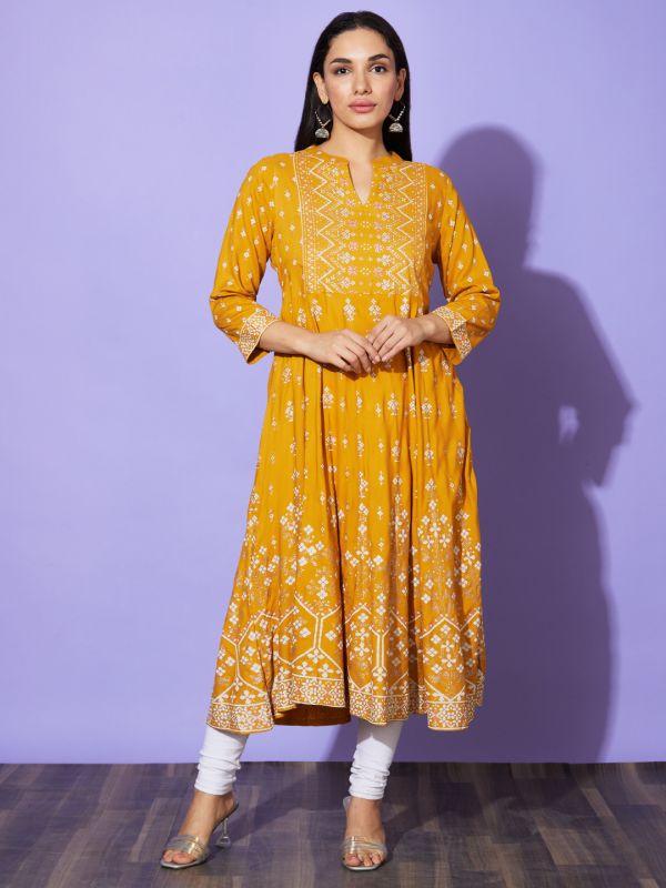 Globus Women Yellow Ethnic Motifs Mandarin Collar Casual A-Line Kurta