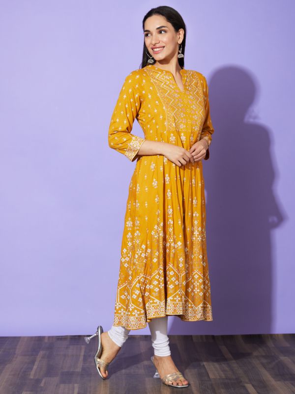 Globus Women Yellow Ethnic Motifs Mandarin Collar Casual A-Line Kurta