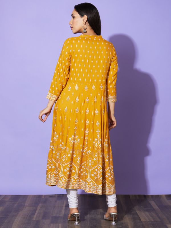 Globus Women Yellow Ethnic Motifs Mandarin Collar Casual A-Line Kurta
