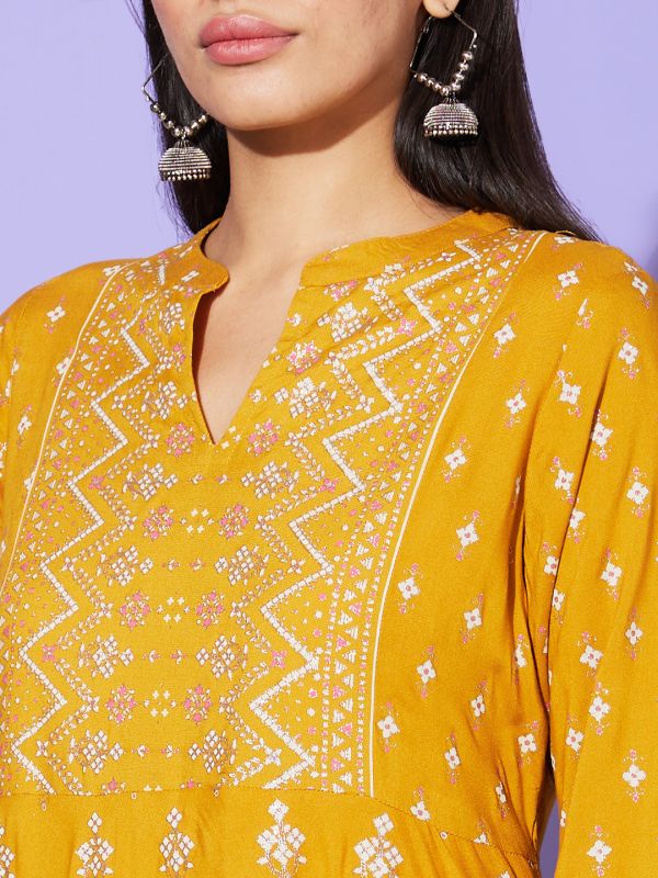Globus Women Yellow Ethnic Motifs Mandarin Collar Casual A-Line Kurta