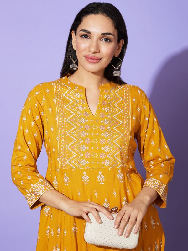 Globus Women Yellow Ethnic Motifs Mandarin Collar Casual A-Line Kurta