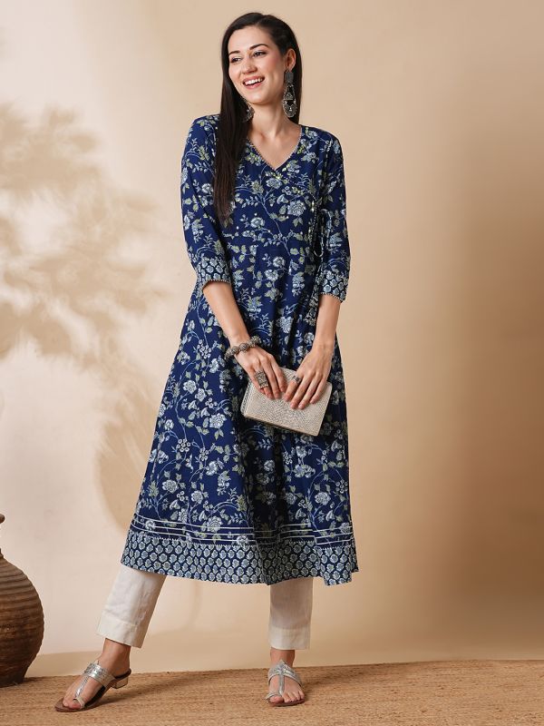 Globus Women Blue Gotta Patti Lace V-Neck Allover Floral Printed A-Line Angrakha Workwear Kurta
