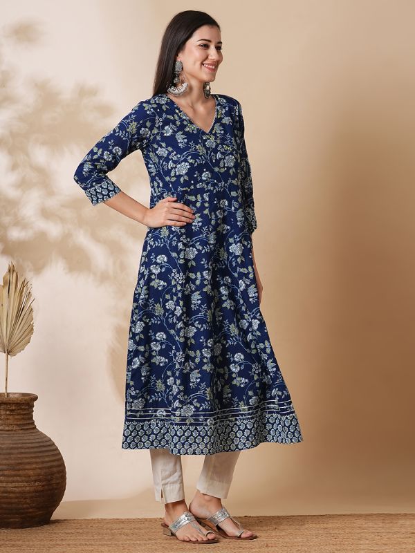 Globus Women Blue Gotta Patti Lace V-Neck Allover Floral Printed A-Line Angrakha Workwear Kurta