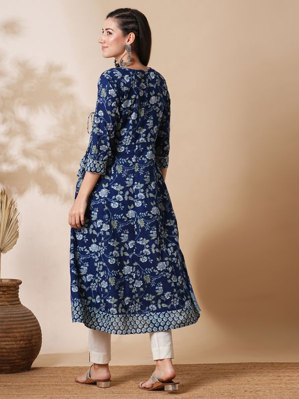 Globus Women Blue Gotta Patti Lace V-Neck Allover Floral Printed A-Line Angrakha Workwear Kurta
