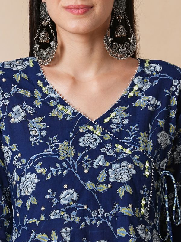 Globus Women Blue Gotta Patti Lace V-Neck Allover Floral Printed A-Line Angrakha Workwear Kurta