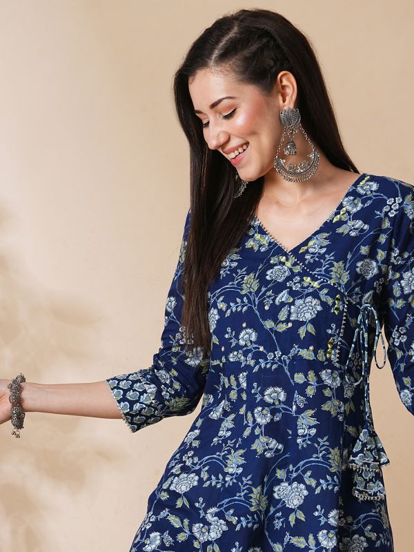 Globus Women Blue Gotta Patti Lace V-Neck Allover Floral Printed A-Line Angrakha Workwear Kurta
