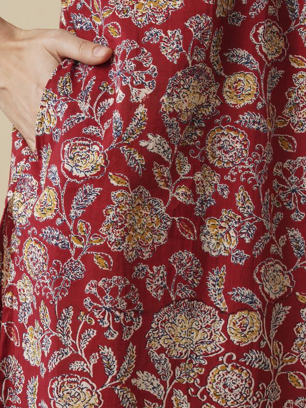 Globus Women Maroon Allover Floral Printed Sequin Detail V-Neck Pleated A-Line Kurta