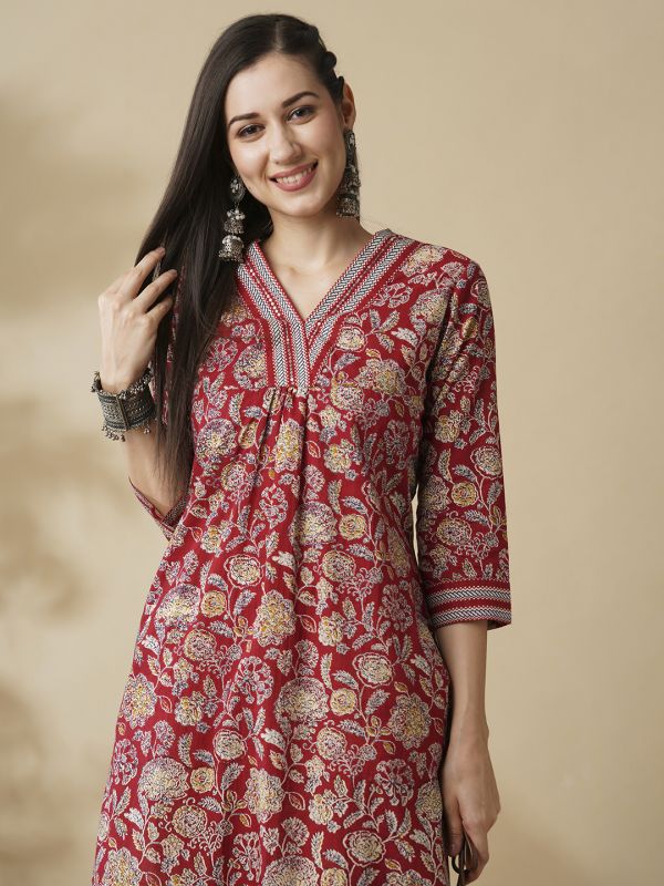 Globus Women Maroon Allover Floral Printed Sequin Detail V-Neck Pleated A-Line Kurta