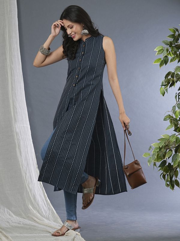 Globus Women Teal Mandarin Collar Button Down Yarndyed Front Slit Straight Workwear Kurta