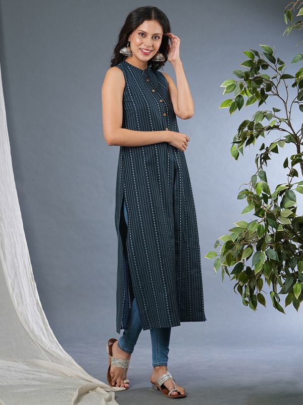 Globus Women Teal Mandarin Collar Button Down Yarndyed Front Slit Straight Workwear Kurta