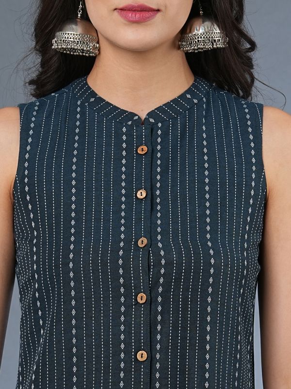 Globus Women Teal Mandarin Collar Button Down Yarndyed Front Slit Straight Workwear Kurta