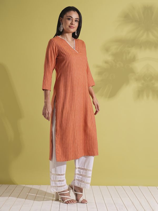 Globus Women Rust Lace Insert V-Neck Striped Woven Design Straight Workwear Kurta