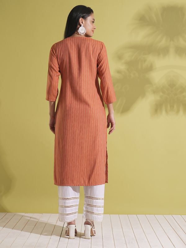 Globus Women Rust Lace Insert V-Neck Striped Woven Design Straight Workwear Kurta
