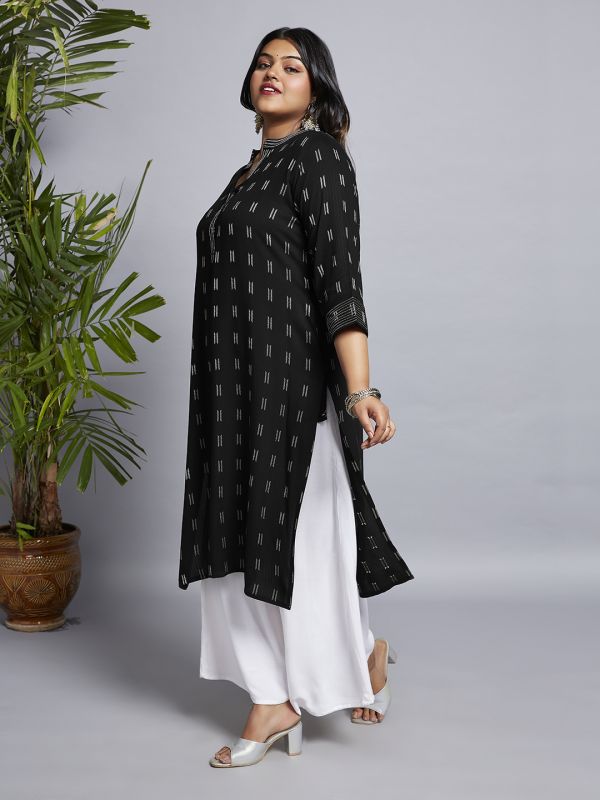 Globus Gloplus Women Black Mandarin Collar Zari Detail Woven Design Straight Plus Size Workwear Kurta